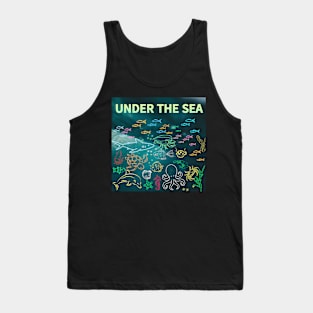 under the sea,blue sea,sea creatures,Turtle, puffer fish, starfish, shrimp, shark, tropical fish, sea horse, seaweed, sardines, squid, crabs, clams Tank Top